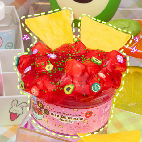 Pico De Slime-O Jelly Cube Slime Dip with realistic tortilla chip charms and pico de gallo scent in a pink container.
