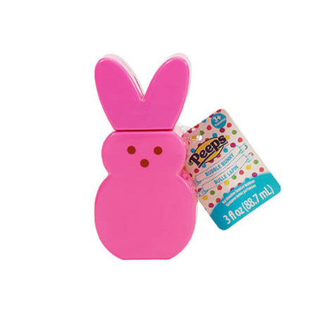 Peeps Bubble Bunny bright pink bunny-shaped container holding 3 fl oz marshmallow scented bubble solution.