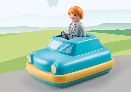 123 Push & Go Car with figure, featuring a blue and yellow flywheel motor vehicle for toddler play and development.