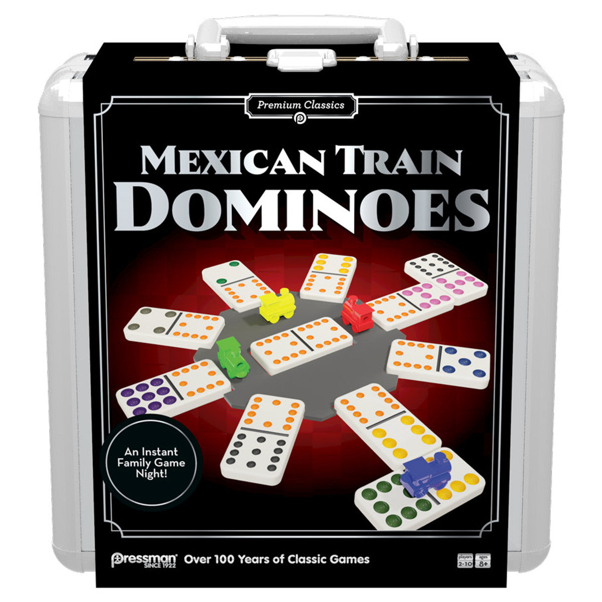 Mexican Train Dominoes game set with colorful dominoes and train tokens in a travel-friendly case for family fun.