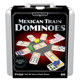 Mexican Train Dominoes game set with colorful dominoes and train tokens in a travel-friendly case for family fun.