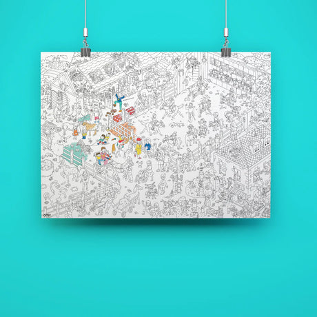 Pony Club Giant Coloring Poster showing detailed stable scene with horses and riders, partially colored for creative fun.