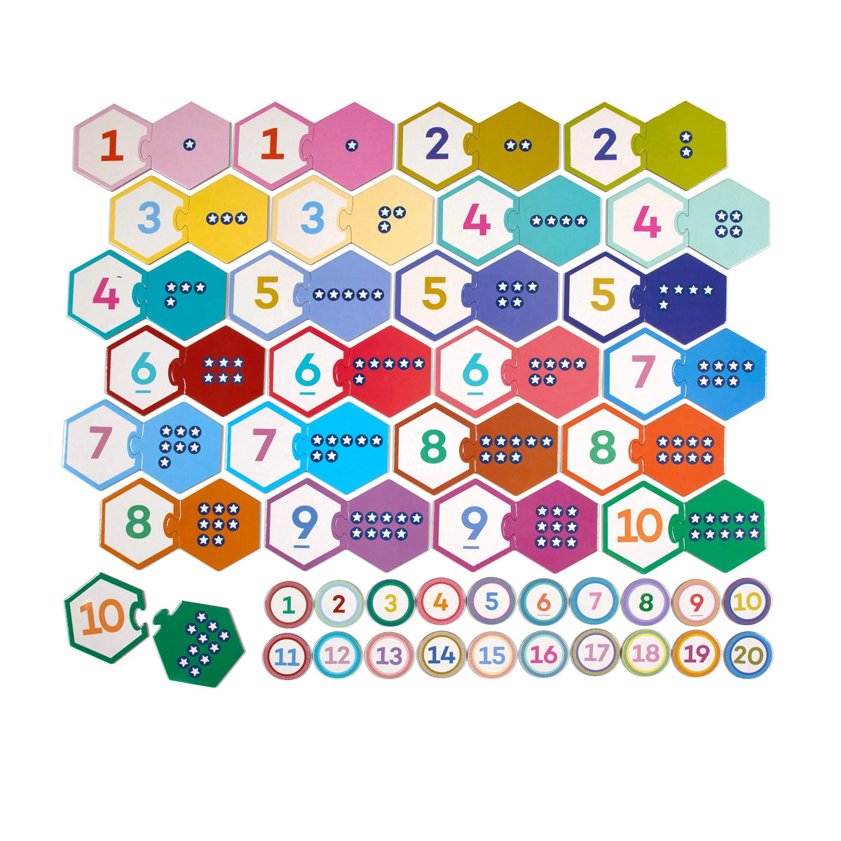 Numbers Puzzle Pairs featuring colorful hexagonal tiles that match numbers with groups of dots for counting practice