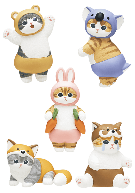 Five cute cat figurines dressed in animal costumes including bear, koala, bunny, fox, and red panda styles.