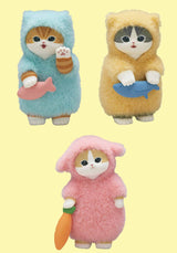 Three fuzzy cat characters in blue yellow and pink outfits with fish and a carrot