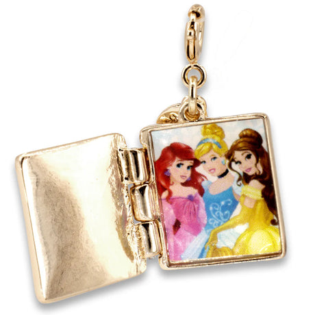 Gold Princess Book Charm featuring a 3-Dimensional enamel locket with glitter and princess illustrations.