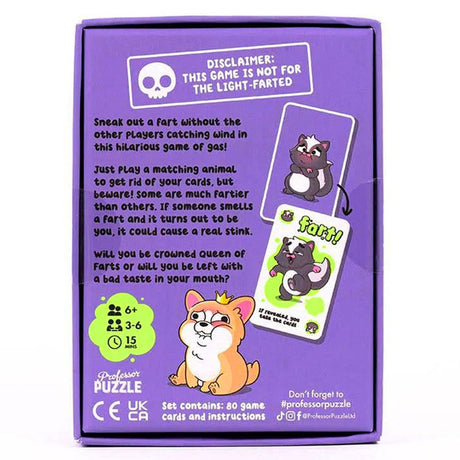 Queen of Farts game box showing gameplay instructions with cartoon animals on a purple background for ages 6 and up.