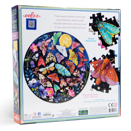 500pc Moths Round Puzzle box showing colorful moths under a moonlit sky with detailed glossy pieces and actual piece size.
