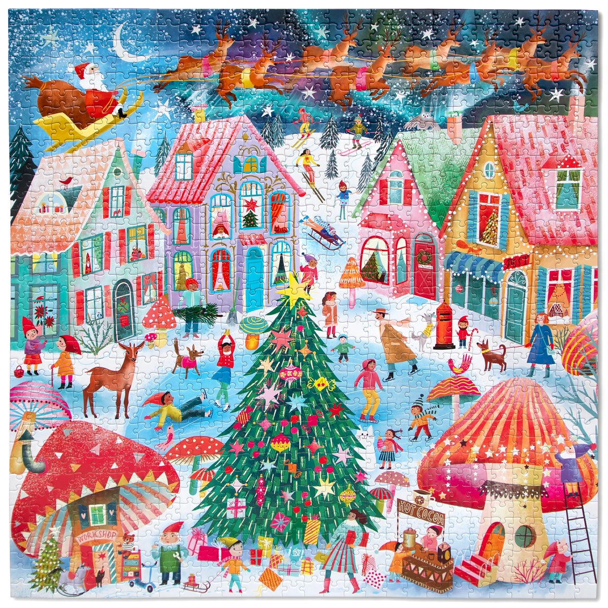 1000pc Christmas Flight Puzzle featuring a colorful snowy village with Santa flying overhead and a decorated Christmas tree