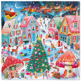 1000pc Christmas Flight Puzzle featuring a colorful snowy village with Santa flying overhead and a decorated Christmas tree