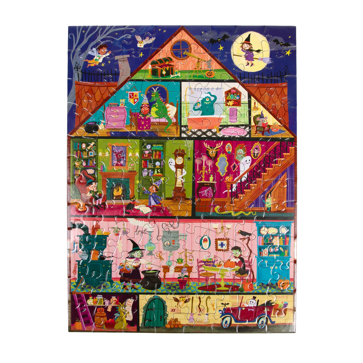 100pc Haunted House Puzzle showing a colorful multi room Halloween house with witches ghosts and playful details