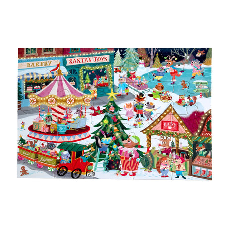 20pc Christmas Village Puzzle featuring a colorful village with a toy shop, carousel, Christmas tree, and snowy scenes