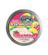 Round tin of peach ring scented putty with colorful candy ring illustrations on the label for ages 3 and up