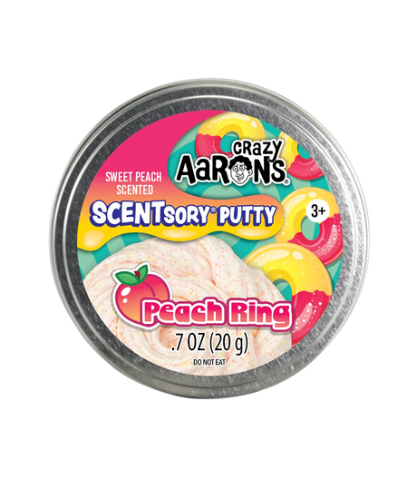 Round tin of peach ring scented putty with colorful candy ring illustrations on the label for ages 3 and up