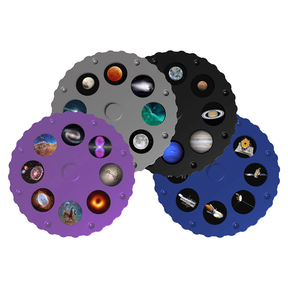 Four colorful planetarium projector slide discs featuring images of planets, galaxies, and space telescopes for star projections.