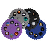 Four colorful planetarium projector slide discs featuring images of planets, galaxies, and space telescopes for star projections.