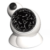 White planetarium projector displaying star constellations on a spherical surface with adjustable focus knob