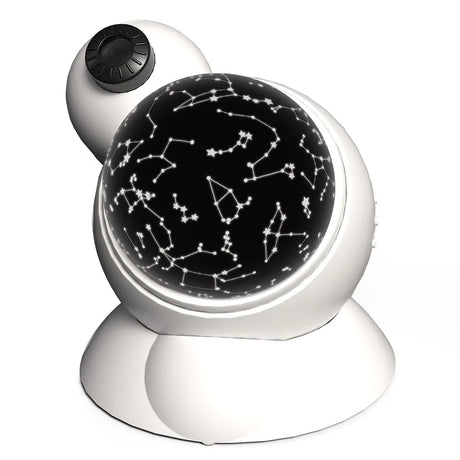 White planetarium projector displaying star constellations on a spherical surface with adjustable focus knob