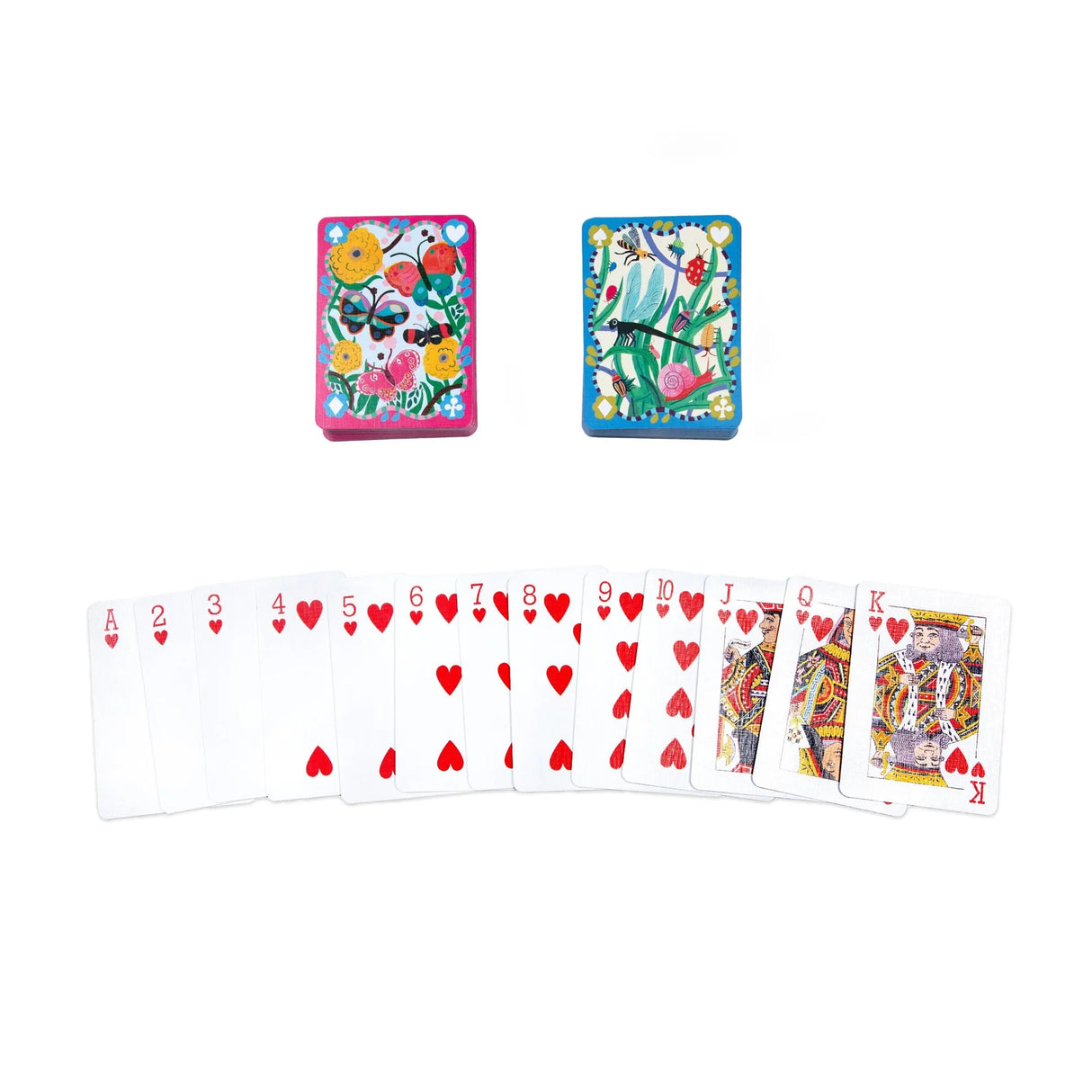 Two illustrated playing card decks with butterfly and bug designs and a spread of heart suit cards below.