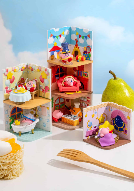 Depiction of all the options in a blind box Wonder Room series which contains one of six mystery dioramas featuring Kirby and friends in a 3D room.