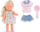 Mini Corolline Rosy Gift Set with 8-inch vanilla scented doll in floral dress, extra outfit, and pink hairbrush.