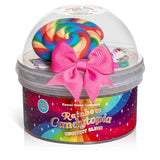 Rainbow Candytopia Crunchy Slime in colorful container with candy decorations and pink bow on top.