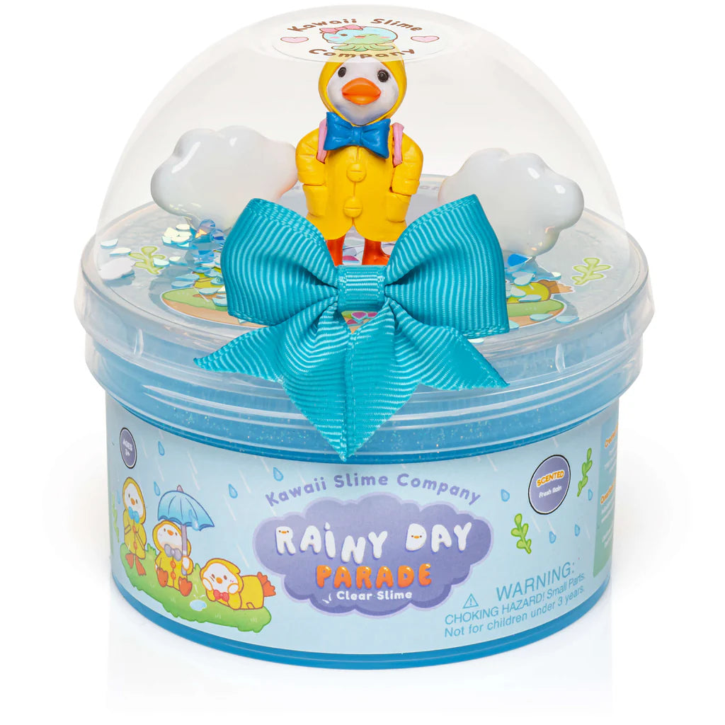 Rainy Day Parade Clear Slime with glittery blue slime, rain cloud confetti, and duck charm in yellow raincoat.