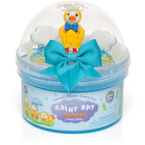 Rainy Day Parade Clear Slime with glittery blue slime, rain cloud confetti, and duck charm in yellow raincoat.