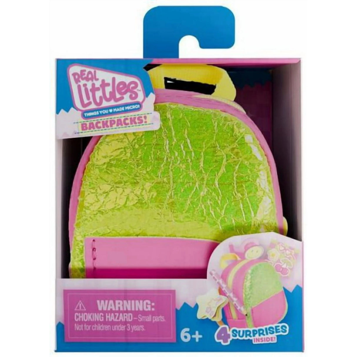 Mini neon backpack toy with sparkly green and pink design, includes four surprise school supply items inside package