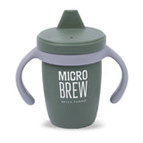 Green silicone sippy cup with gray handles and lid, featuring a leak-resistant and unbreakable design for toddlers.