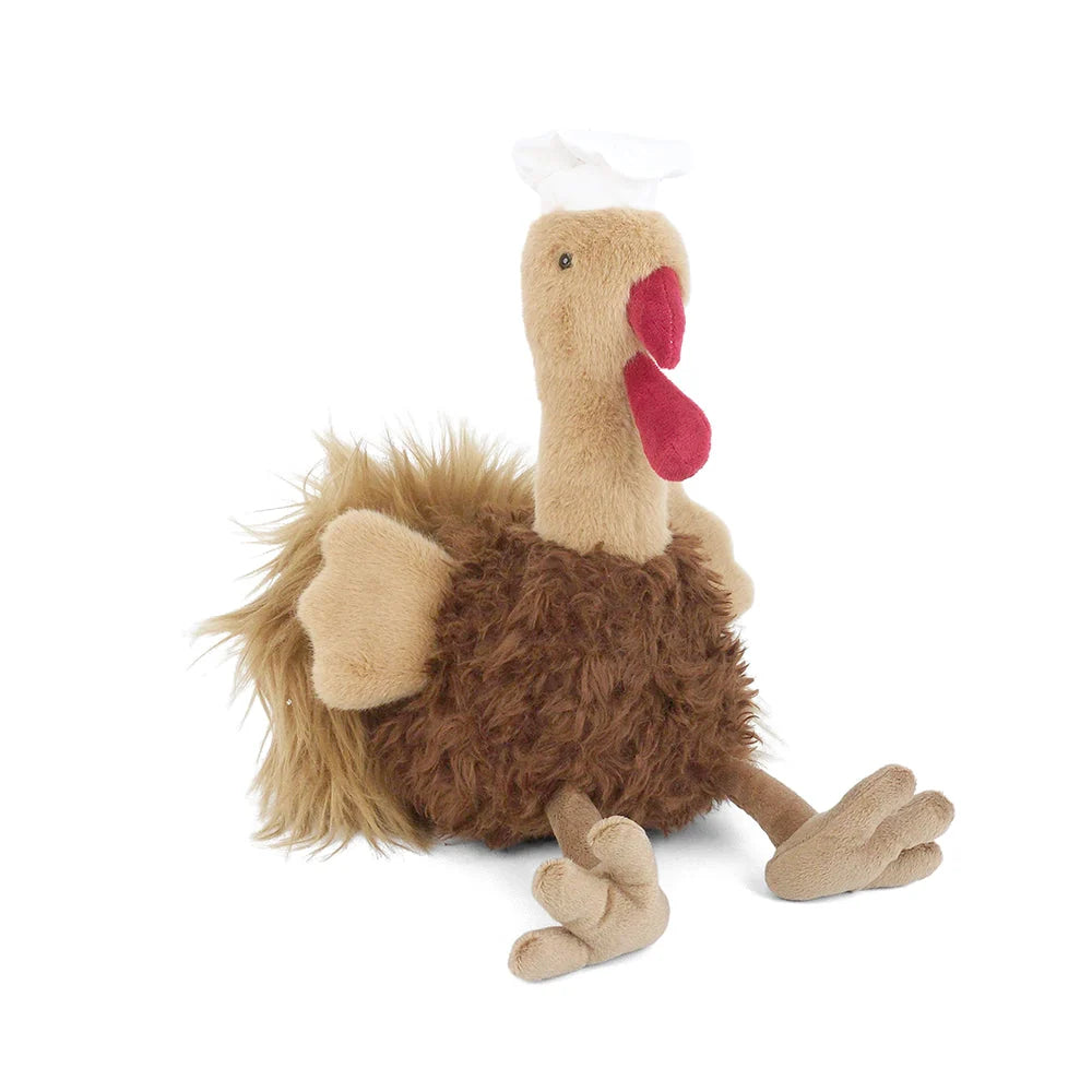 Chef Turkey plush toy with brown feathers red wattle and white chef hat