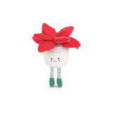 Red Pointsettia plush flower character with a smiling face and green dangling legs