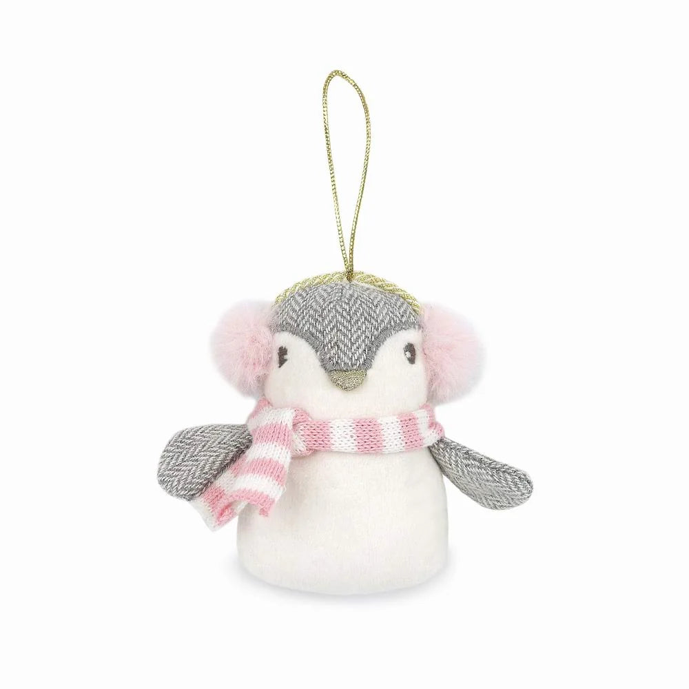 Penguin Ornament plush penguin with gray hat pink scarf and hanging loop