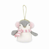 Penguin Ornament plush penguin with gray hat pink scarf and hanging loop