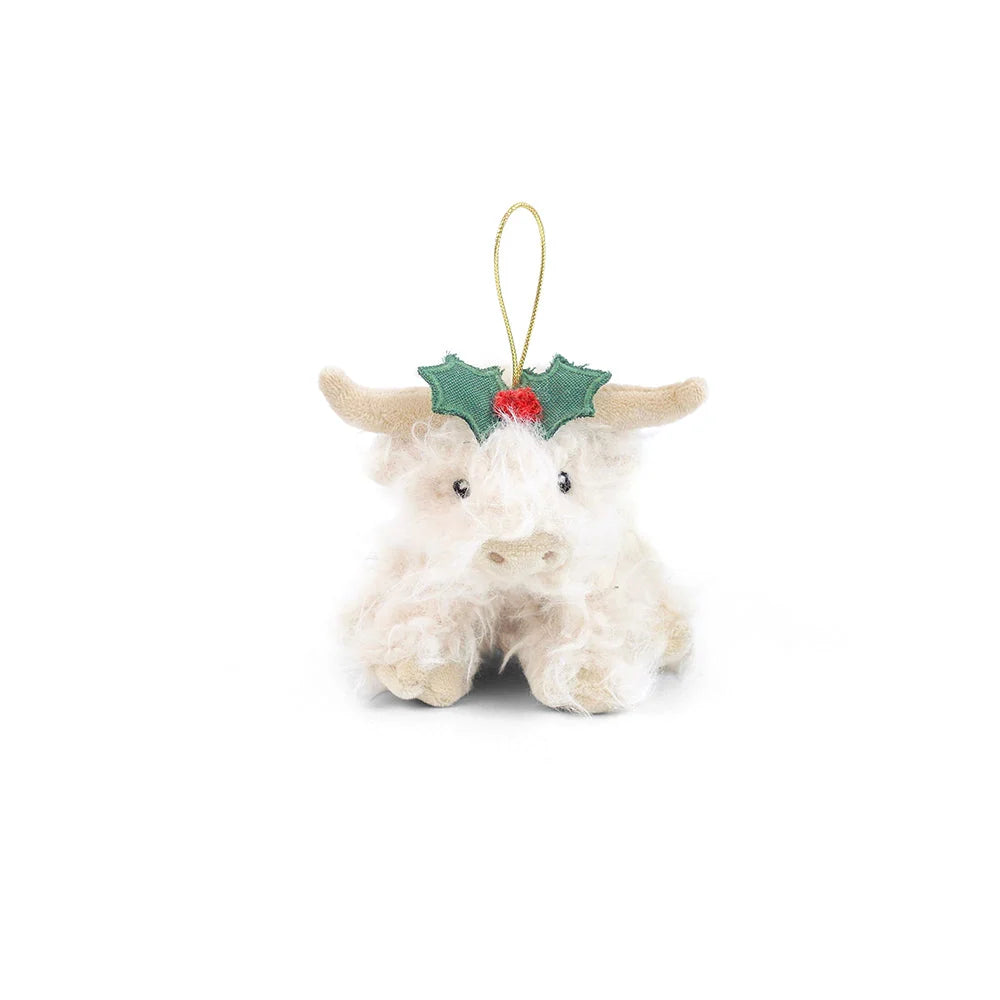 Nova Cow Ornament soft white cow with holly decoration and hanging loop