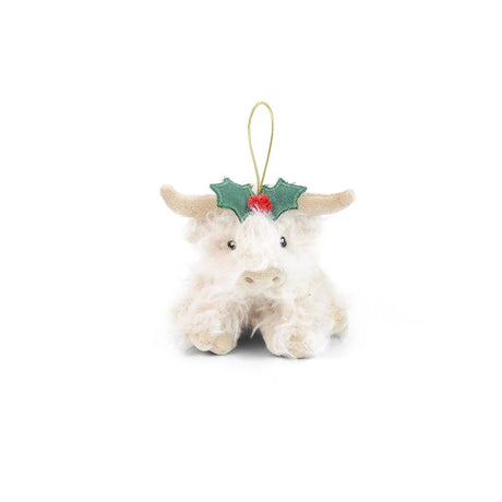 Nova Cow Ornament soft white cow with holly decoration and hanging loop