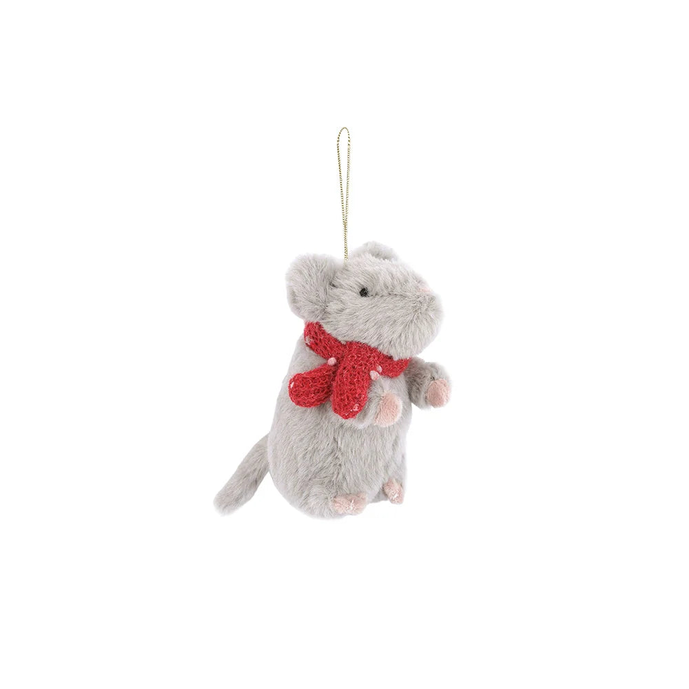 Mouse Ornament featuring a soft gray plush mouse with a red scarf and hanging loop