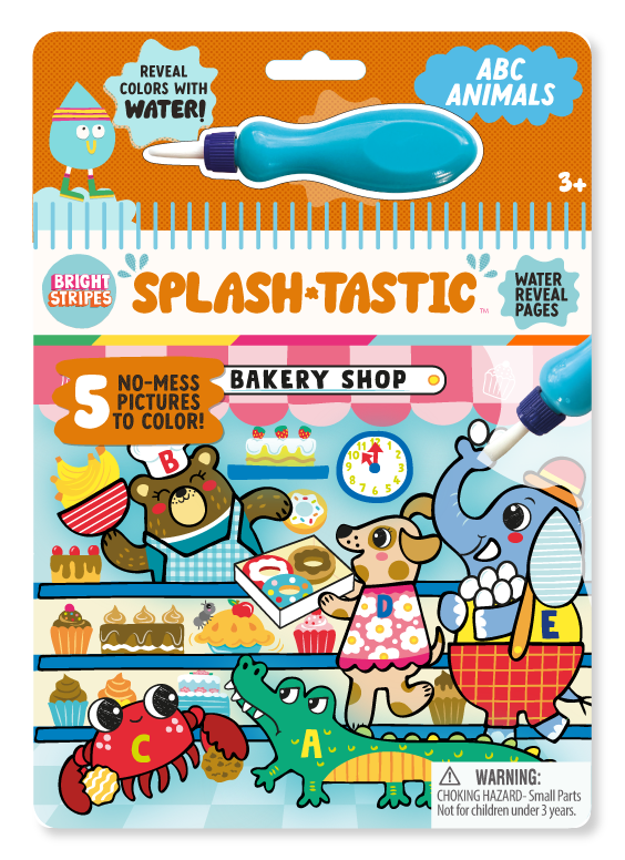 Splash-Tastic ABC Animals water reveal activity set with five no-mess pictures and a special water pen for kids ages 3 and up.