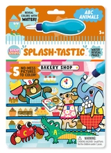 Splash-Tastic ABC Animals water reveal activity set with five no-mess pictures and a special water pen for kids ages 3 and up.