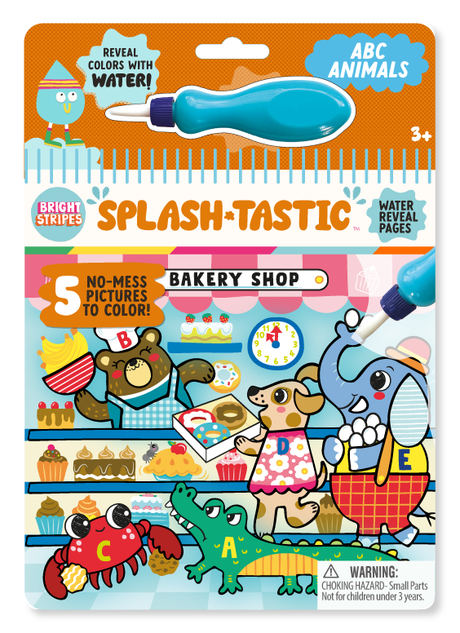 Splash-Tastic ABC Animals water reveal activity set with five no-mess pictures and a special water pen for kids ages 3 and up.