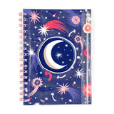 Cosmic Pencil Pouch Journal with spiral-bound pages, cosmic cover, and clear zip pouch for pencils and pens.