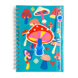 Mushrooms Pencil Pouch Journal with colorful mushroom cover, spiral-bound, clear zip pouch for pens, and 160 lined pages.