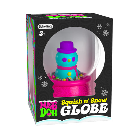 NeeDoh Squish n' Snow Globe toy in packaging featuring a colorful snowman with a purple hat and pink base.