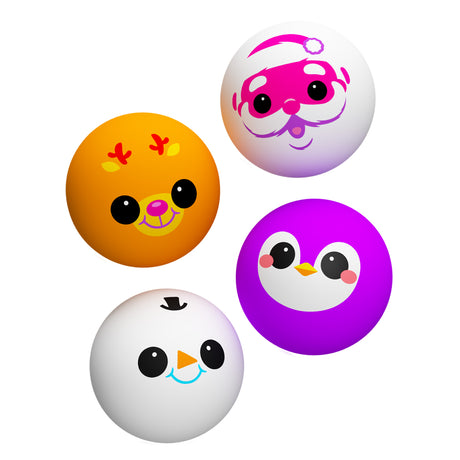 NeeDoh Squishmas Squishkins four colorful Christmas-themed squishy balls with festive faces including Santa and a penguin.