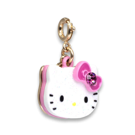 Gold Glitter Hello Kitty Charm featuring enamel and glitter with a pink bow and gold clasp attachment