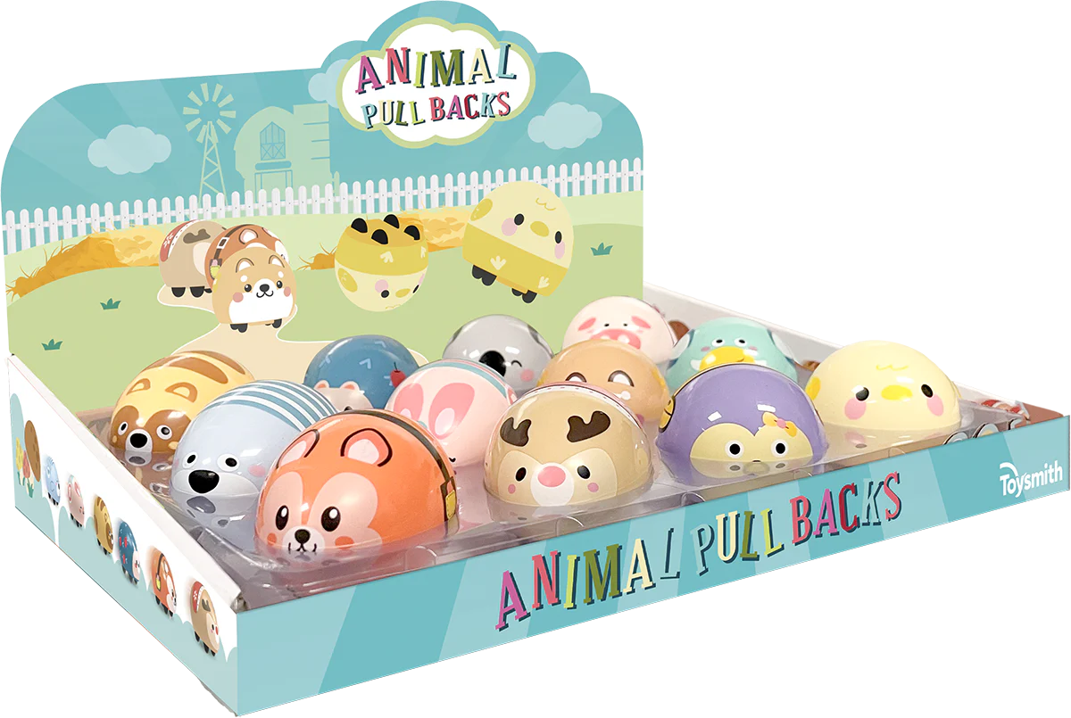 Farm Fresh Animal Pullback toy set with assorted animal-themed pullback vehicles on display tray.