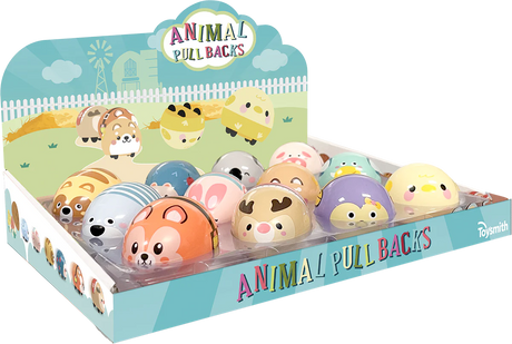Farm Fresh Animal Pullback toy set with assorted animal-themed pullback vehicles on display tray.