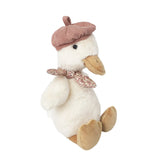 Duck Colette plush duck toy with a pink knit hat and floral scarf