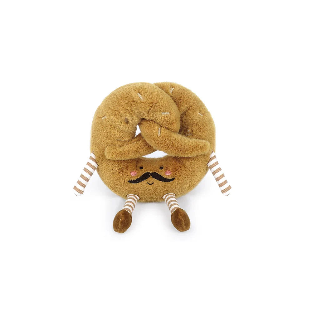 Pretzel Monsieur plush pretzel toy with a mustache striped arms and soft brown texture