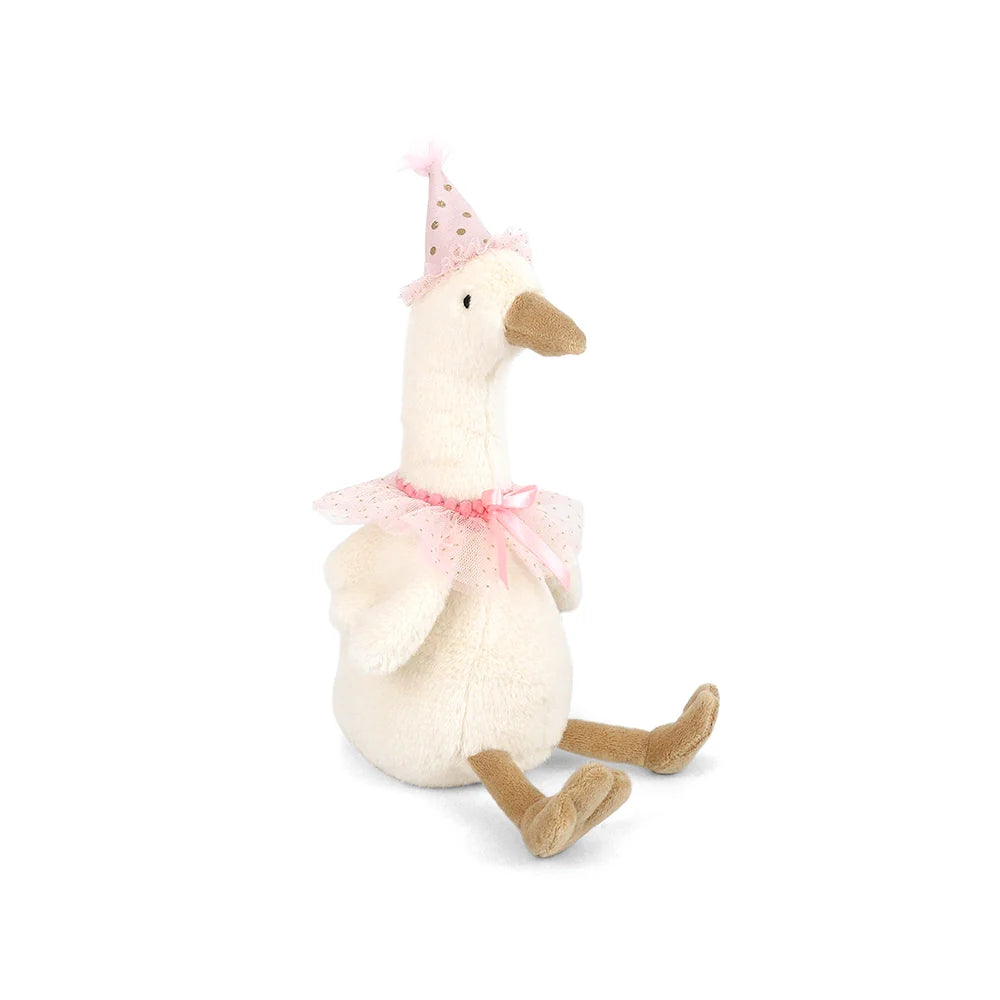 Birthday Goose plush toy wearing a pink party hat and tutu